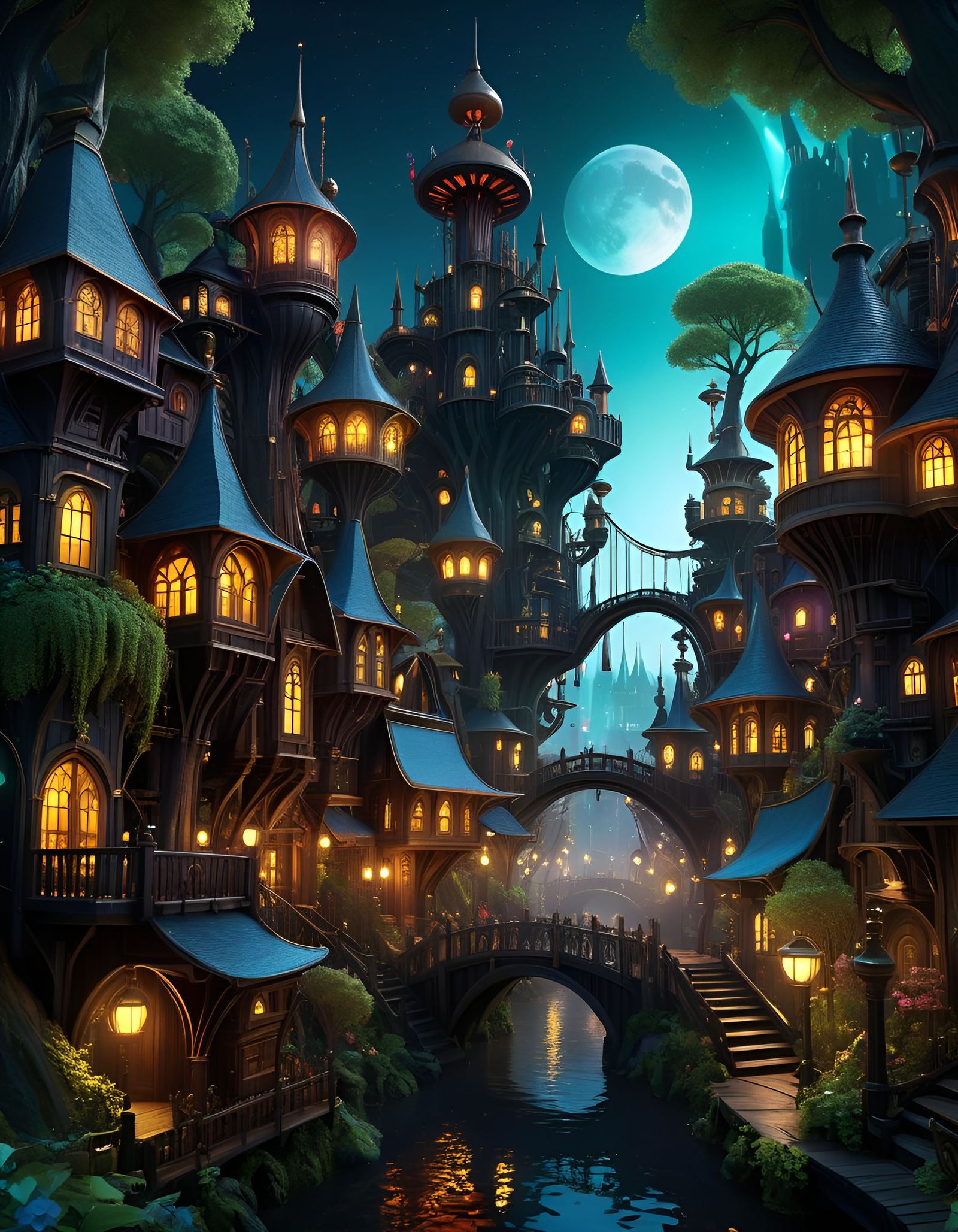 Goblincore Steampunk Tree City at Night