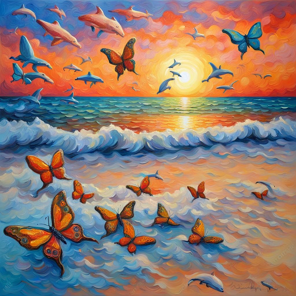 Sunset Beach with Dolphins: A Neo-Impressionist Painting