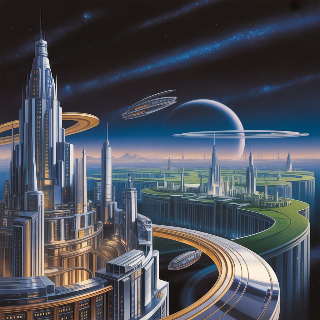 Art Deco Metropolis on a Ringworld, Utopian Cityscape