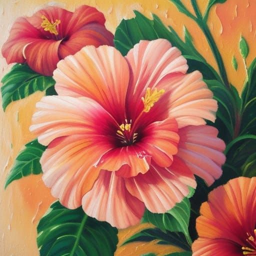 Vivid Pink Hibiscus Bloom as Impasto Oil Painting