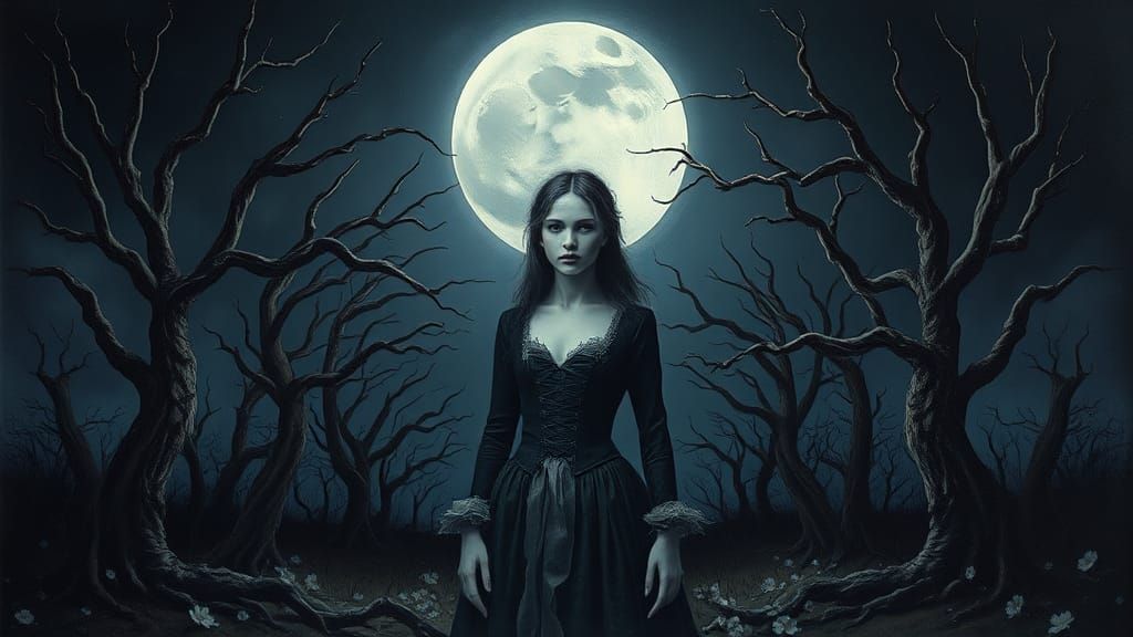Haunting Woman in Moonlit Landscape: Gothic Art