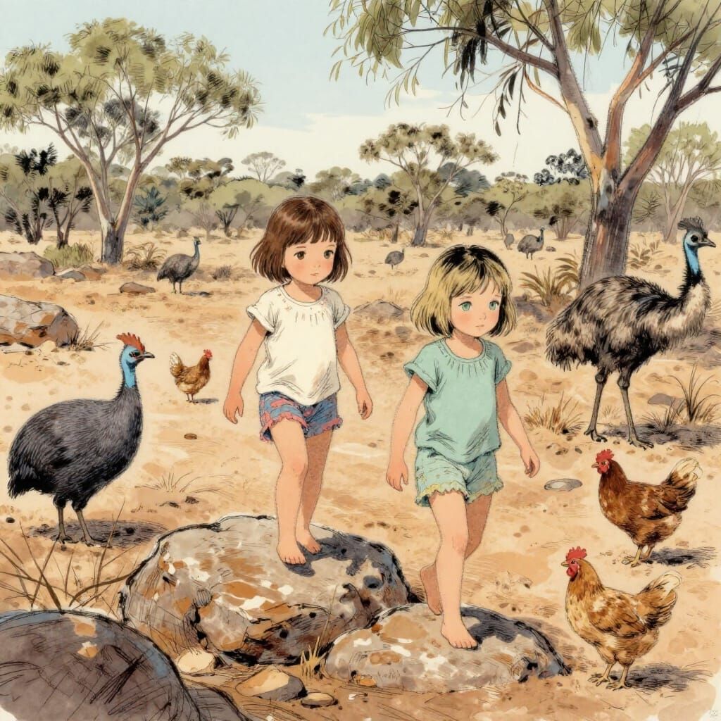 Adorable Girl Cousins Explore Australian Bushland Sketch