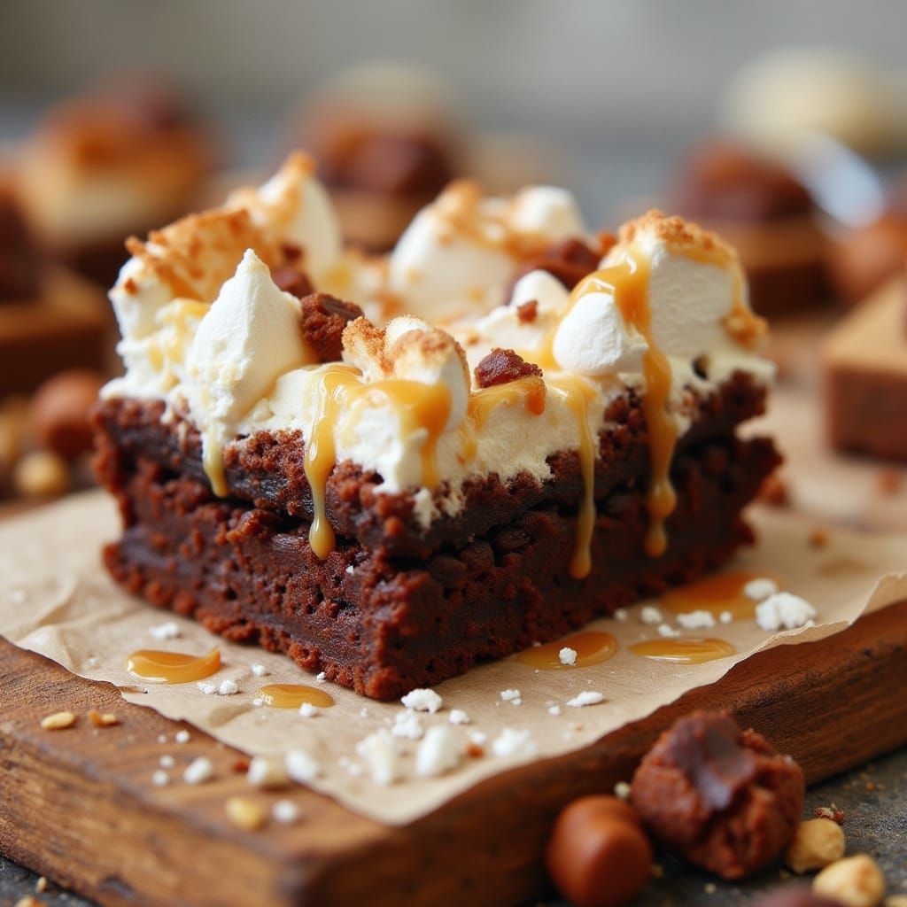 Rich Coco Brownie with Marshmallow and Caramel Impasto