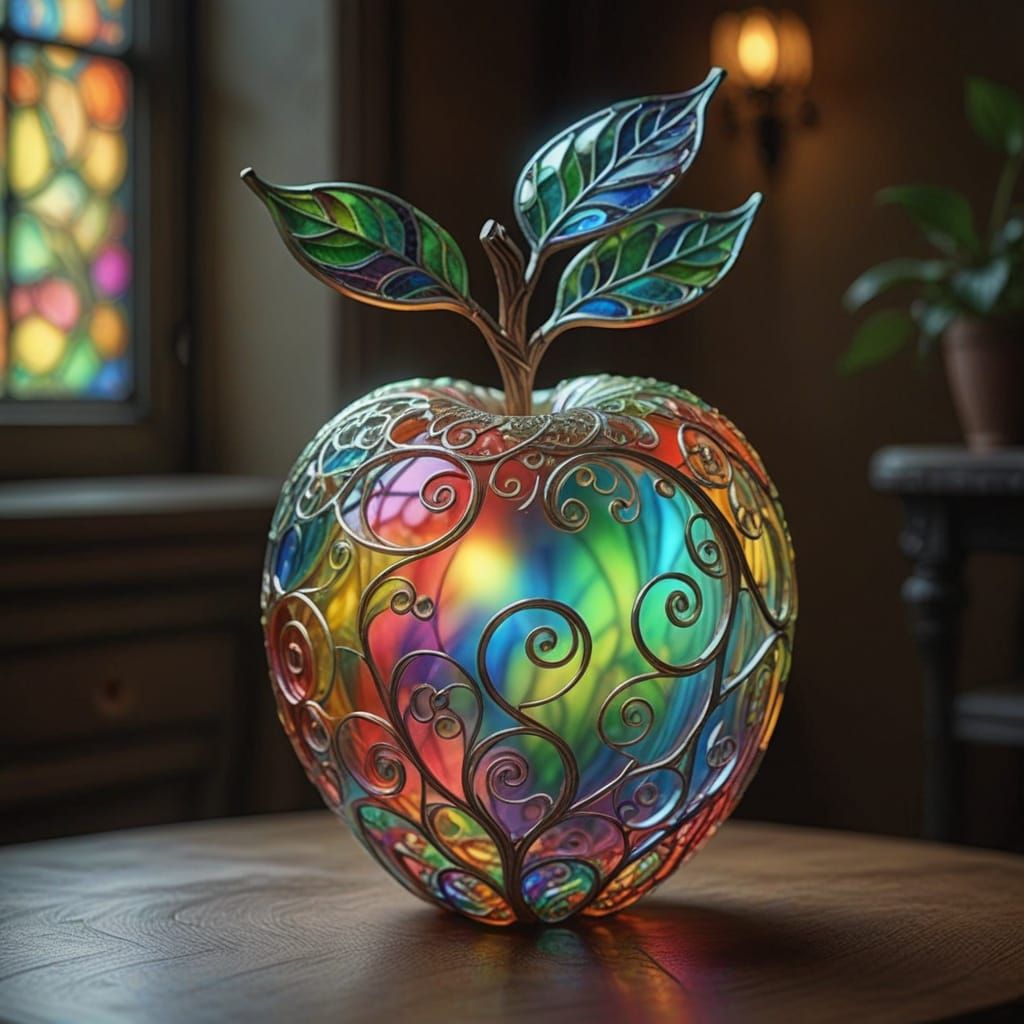 Vibrant Rainbow Apple in Delicate Stained Glass Style