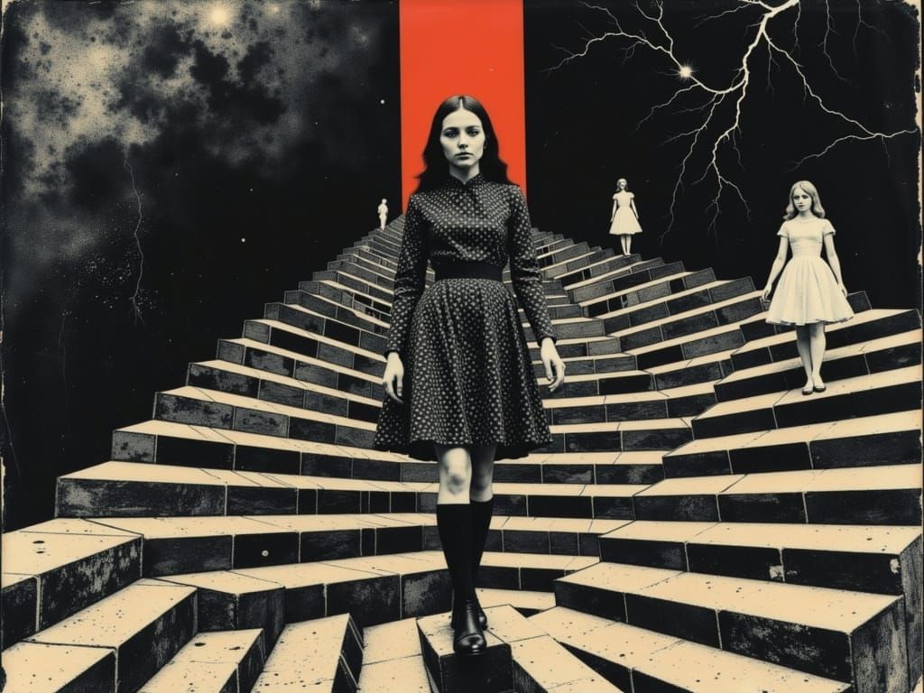 Queen, Alice, and Neo Follow Rabbit in Escher Watercolor