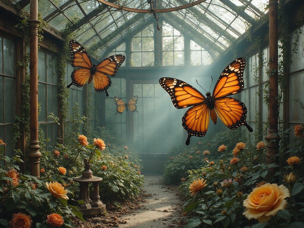Dreamcore Steampunk Garden with Mechanical Butterflies