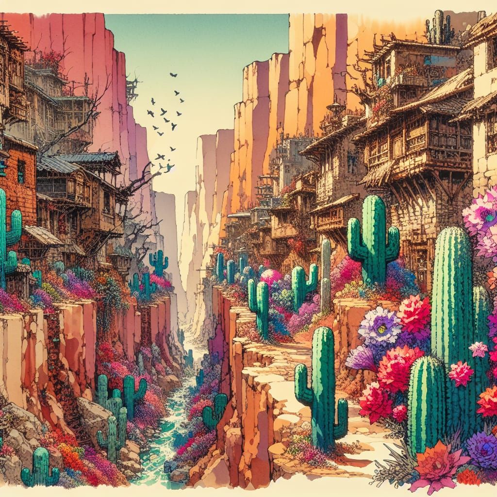 Vibrant Desert Canyon Village in Anime Watercolor Style