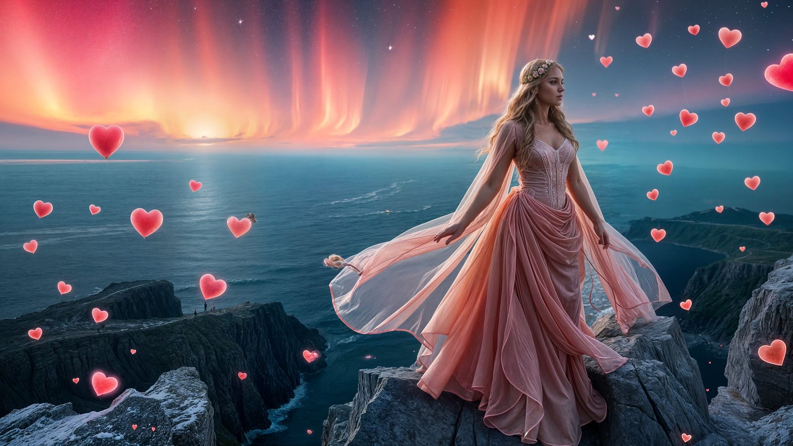 Romantic Blonde in Love Amidst Arctic Borealis