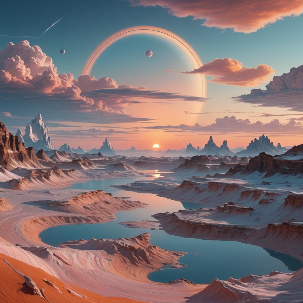Saturn Sunrise in Surreal Sci-Fi Landscape