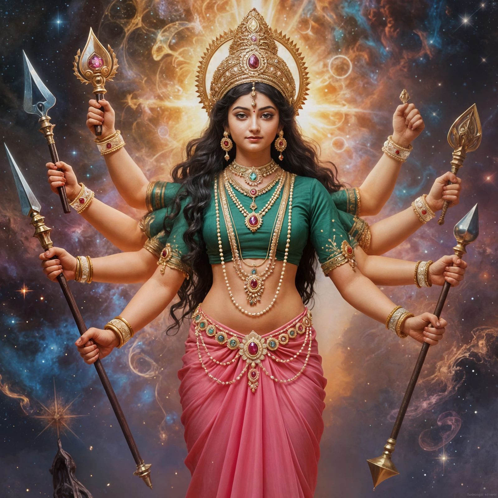 Goddess Durga in Pink Sari with Cosmic Background