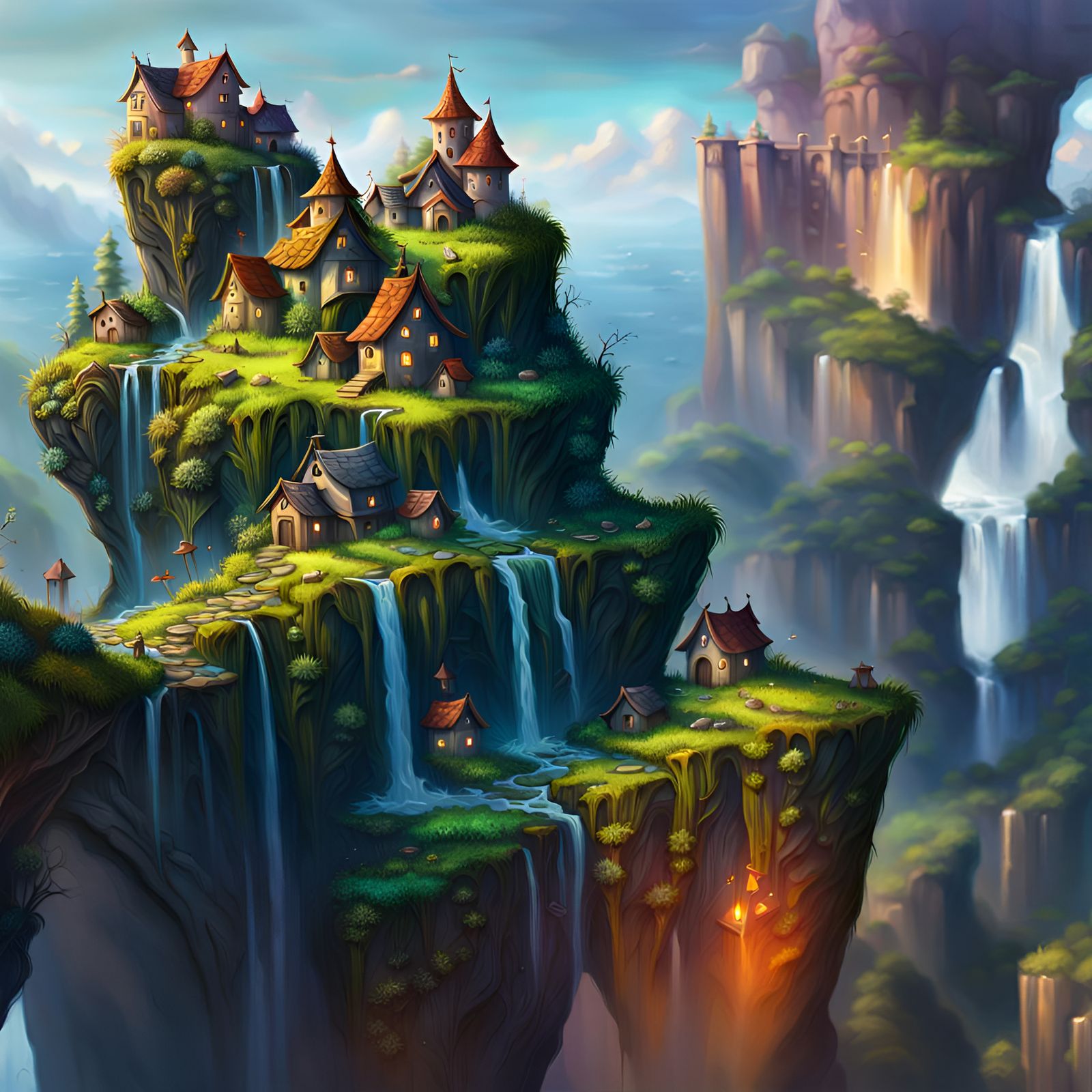 A fairy village sits atop the chasm between two steep cliffs, grass, moss, waterfall