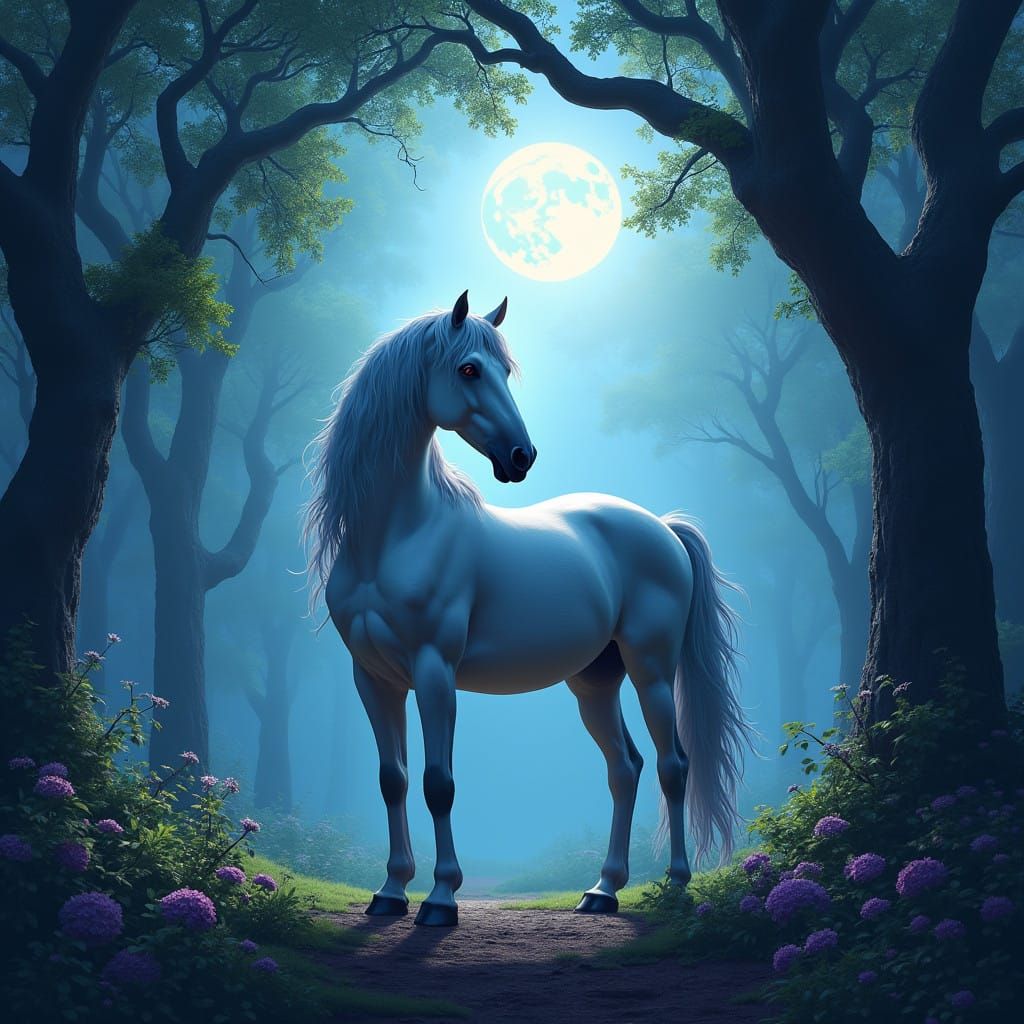 Regal Horse Under Ethereal Moonlight in Vibrant Forest