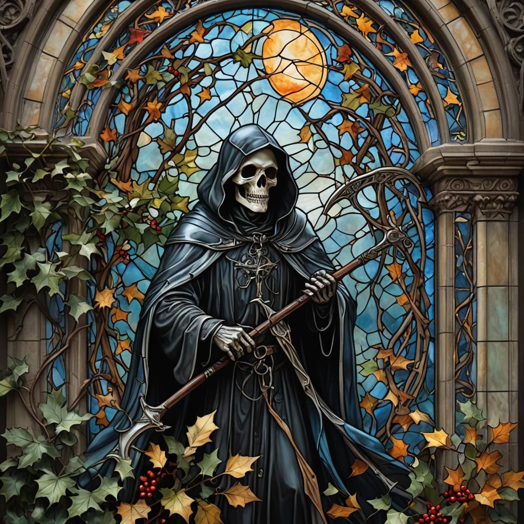 Grim Reaper Stained Glass in Gothic Window