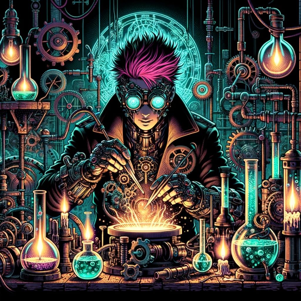 Dieselpunk Alchemist in Hidden Laboratory with Cybernetic En...