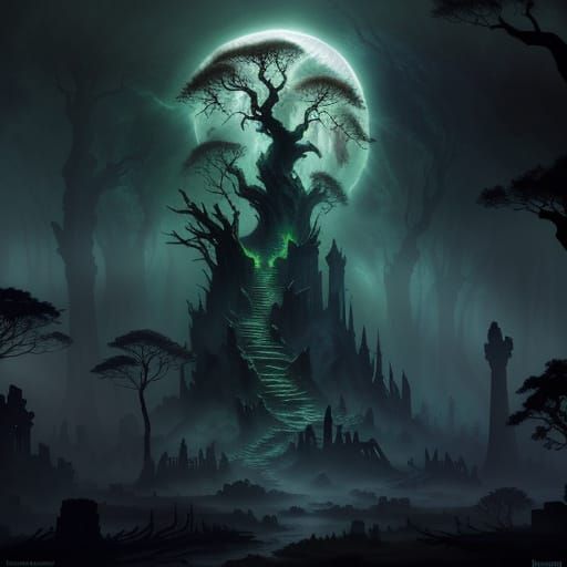 Ancient Tree in Forgotten Ruins Under Nebula Sky