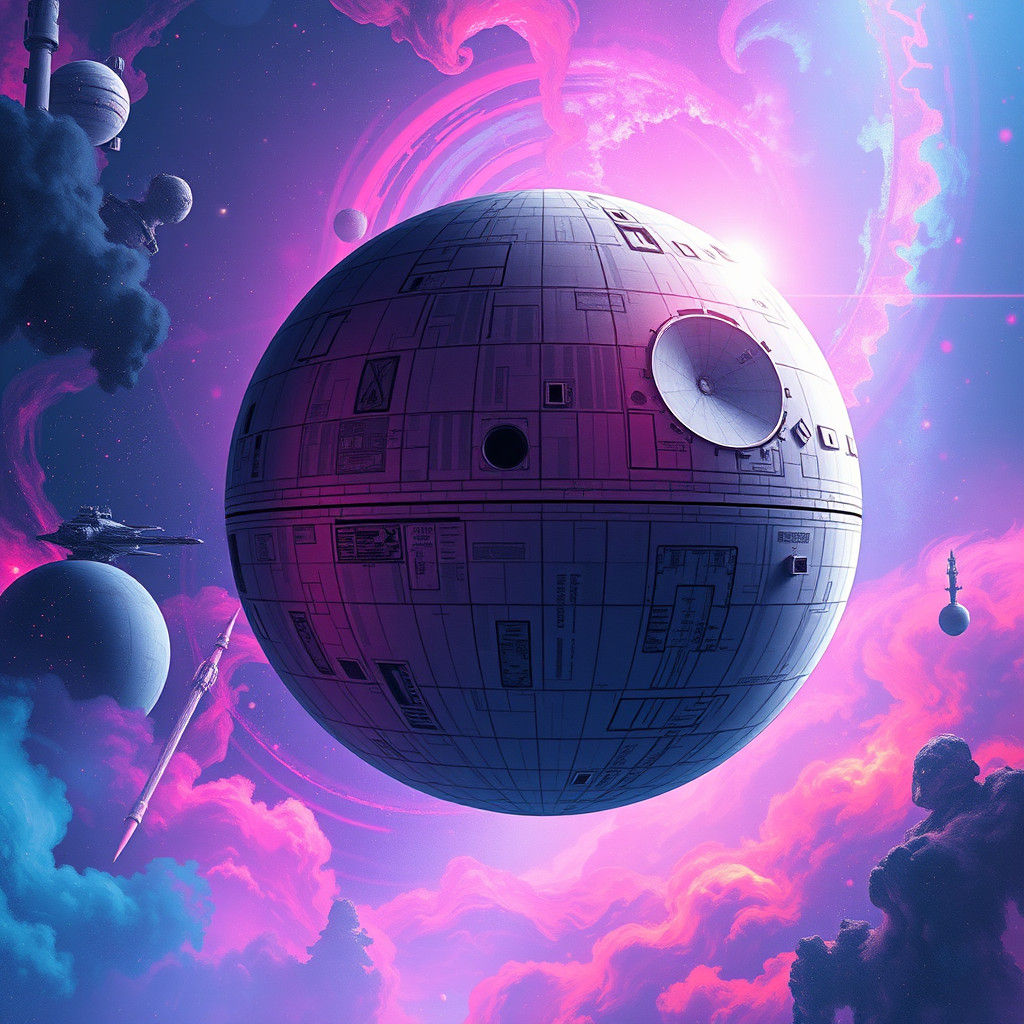 Death Star in Vaporwave Galaxy: Splash Art Aesthetic