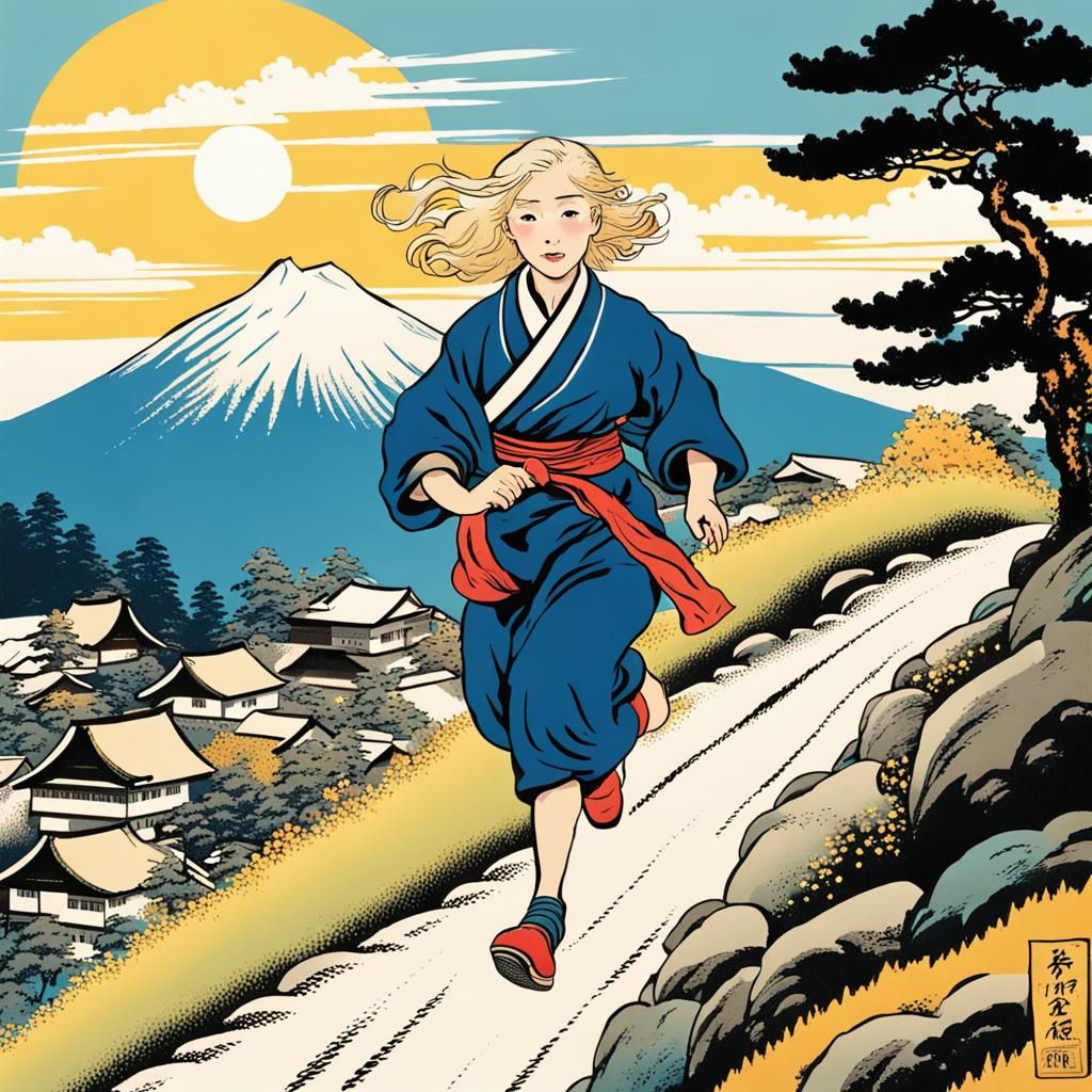 Girl Runs From Mountain in Hokusai Style