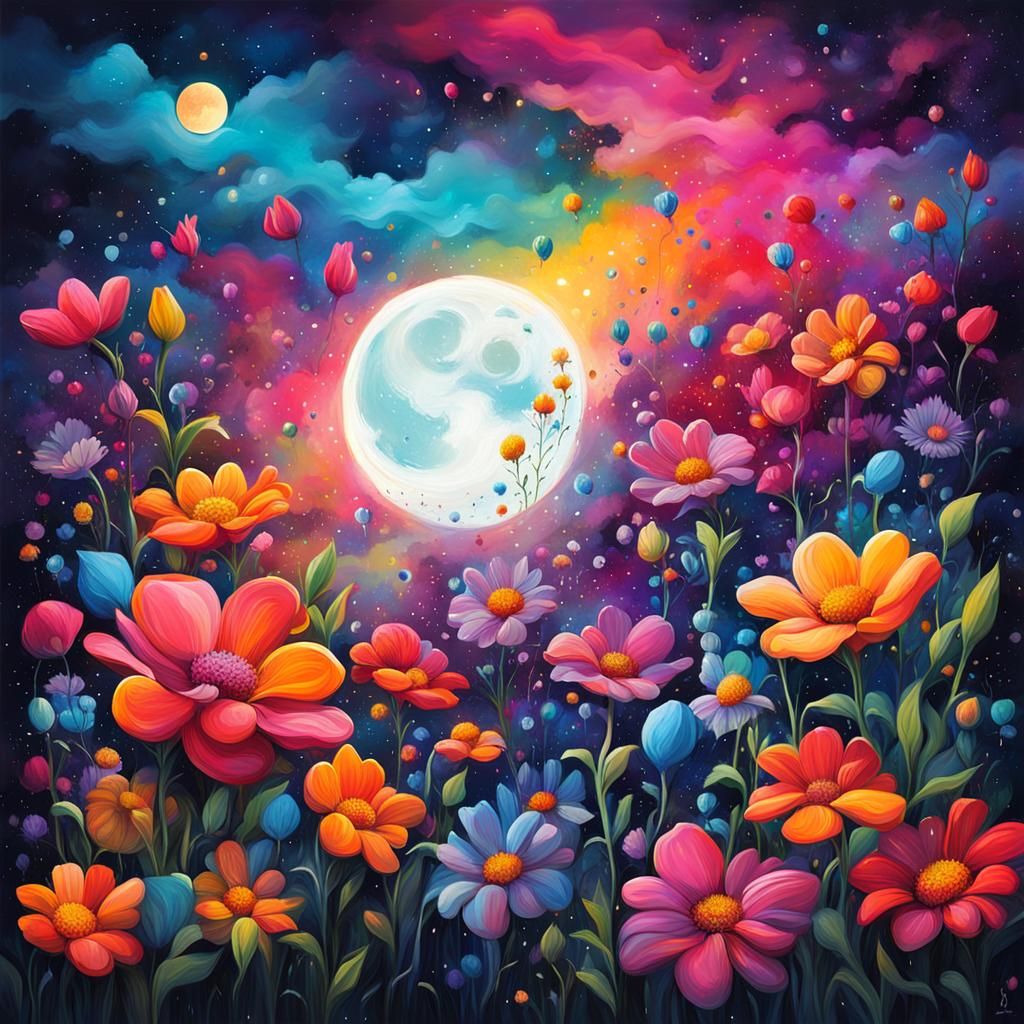 Magical Floral Night Sky in Graffiti Art Style