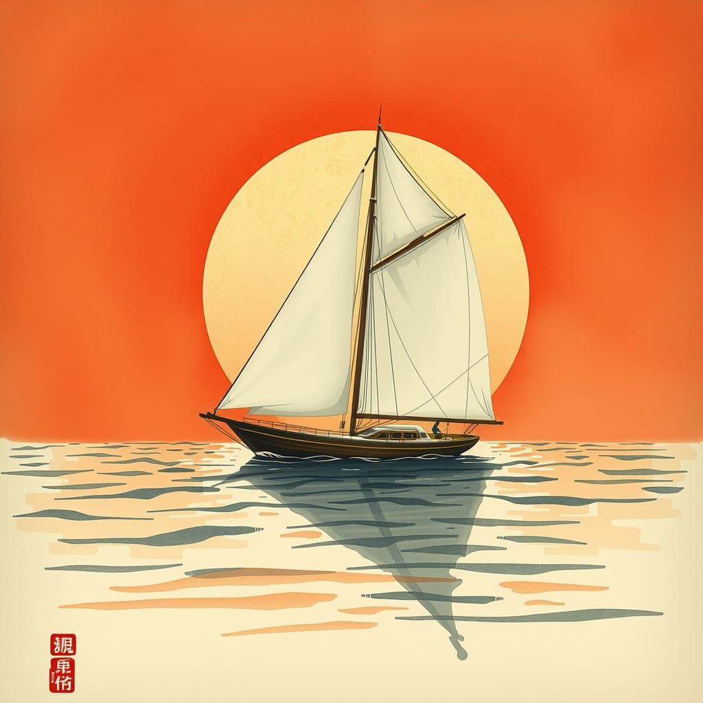 Sailing Boat on Calm Waters in Hiroshige Style