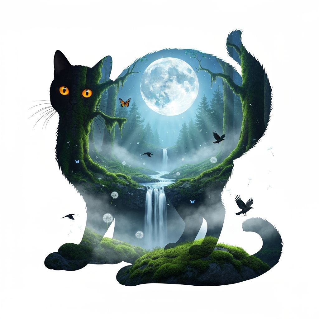 Black Cat Silhouette Merged with Mystical Forest Scene