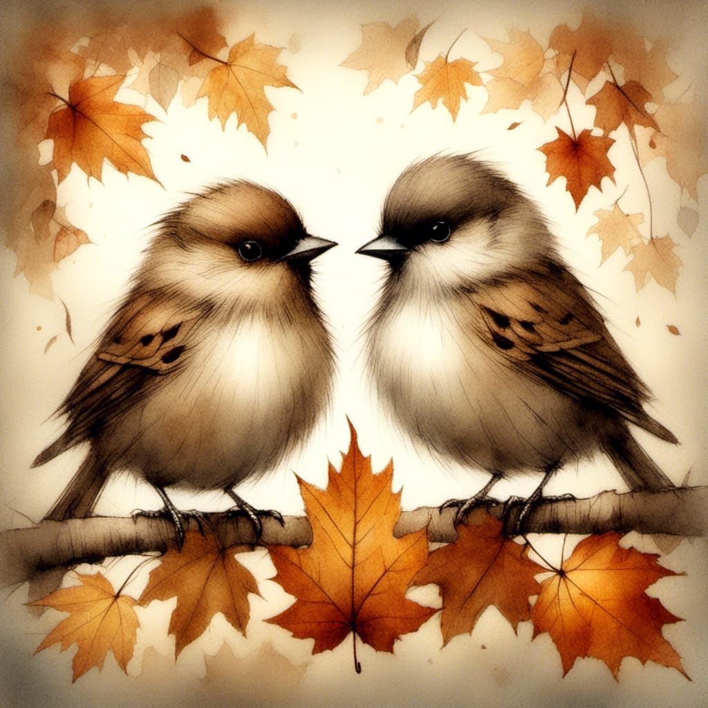 Sparrows in Autumn, Charcoal and Ink Style