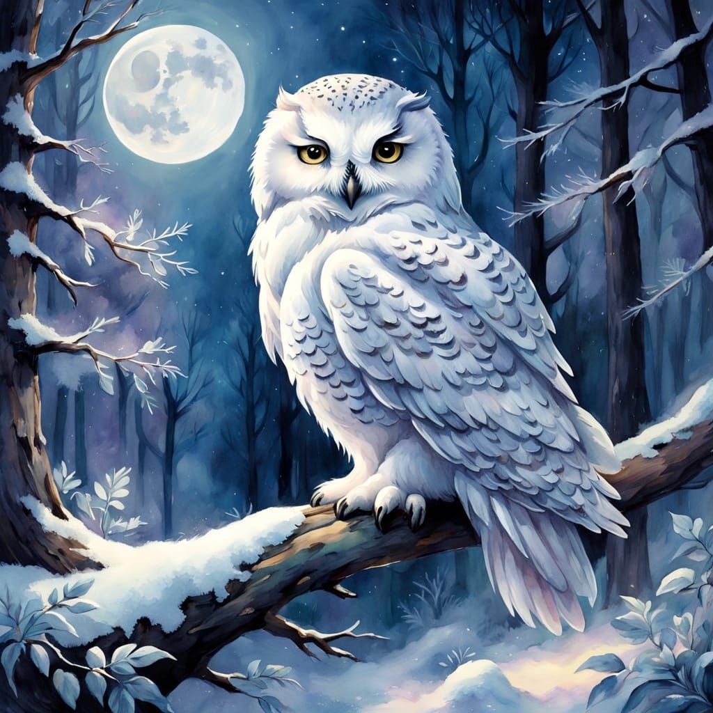 Watercolor Storybook Owl in a Dreamy Night-Time Forest