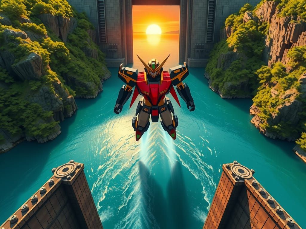 Epic Anime Digital Art: Grendizer and Goldorak Soar at Sunse...