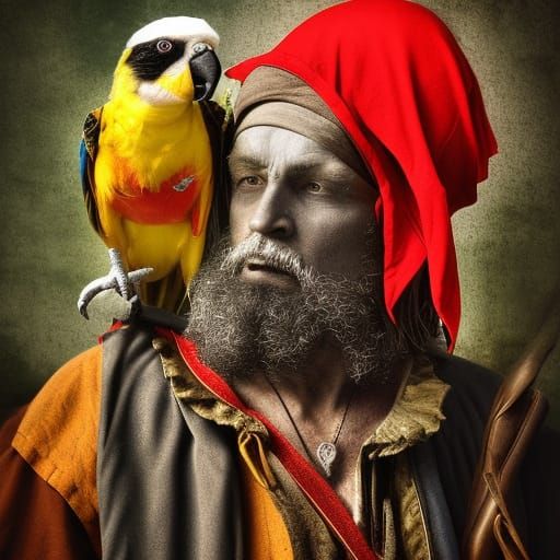 Hyperrealistic Old Pirate and Parrot Portrait