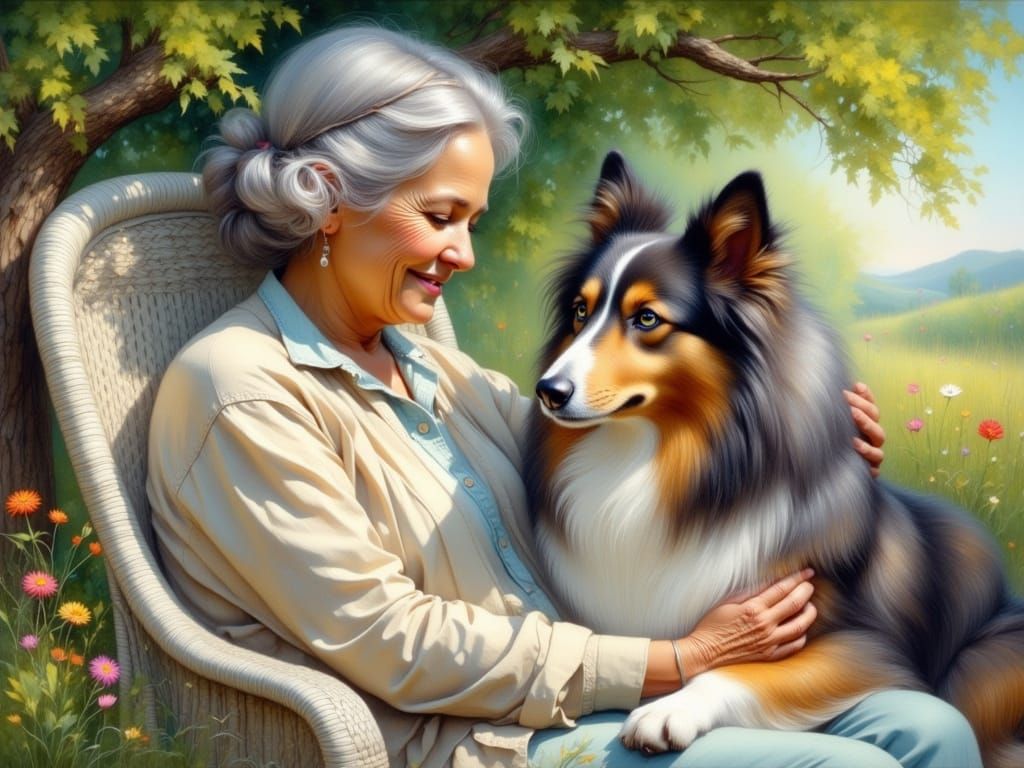 Elderly Woman with Collie Dog in Oil Painting Style