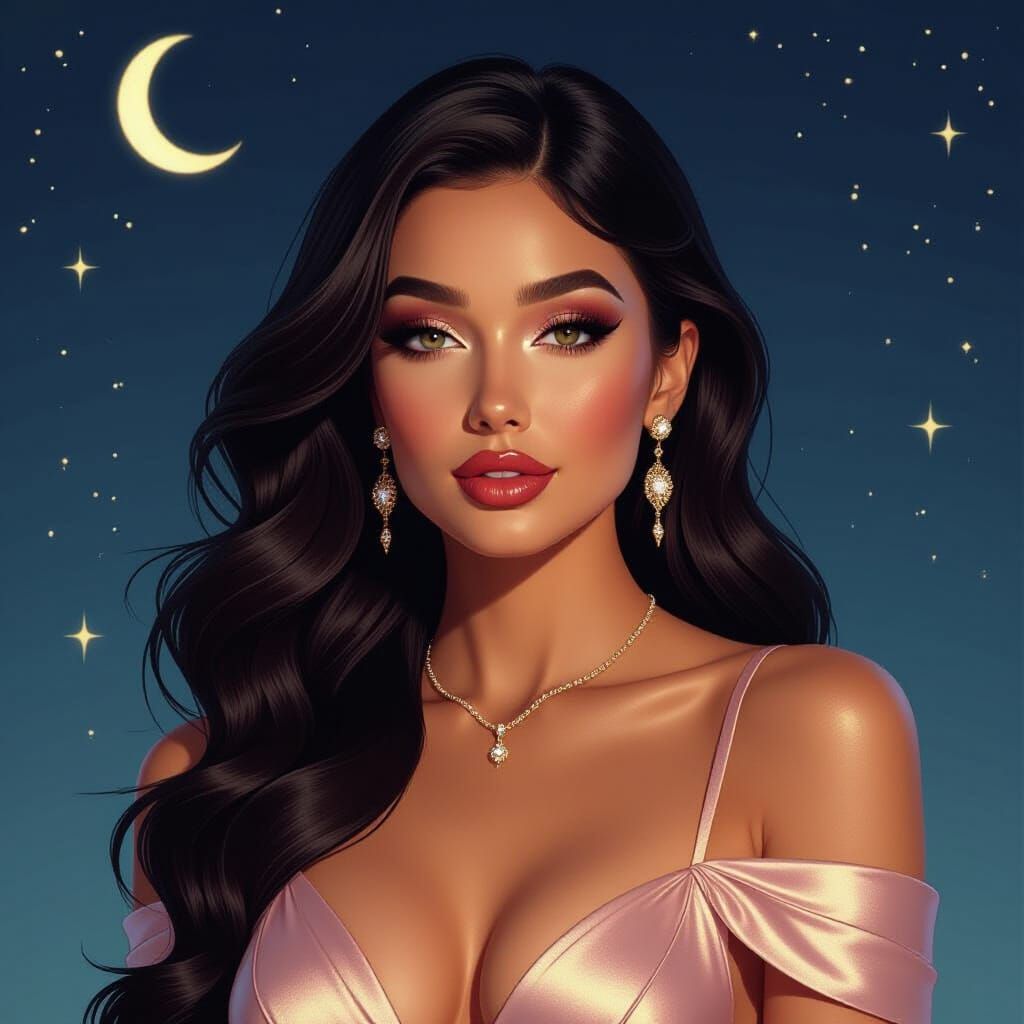 Woman in Glowing Dress at Night, Hyperrealistic Digital Art