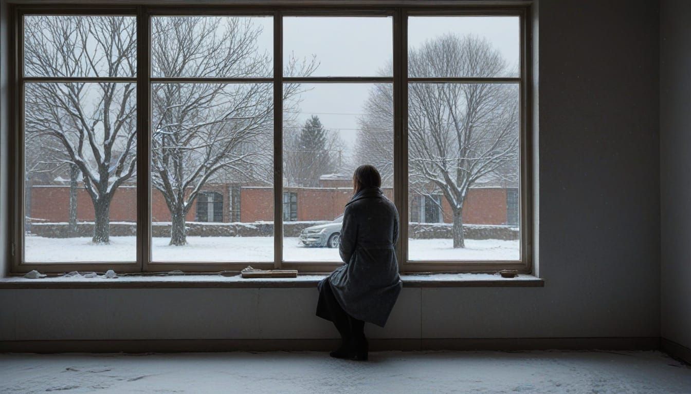Serene Moment of Contemplation in Snowy Urban Landscape