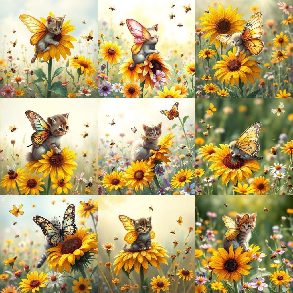 Whimsical Butterfly-Cat on Sunflower in Sunny Meadow