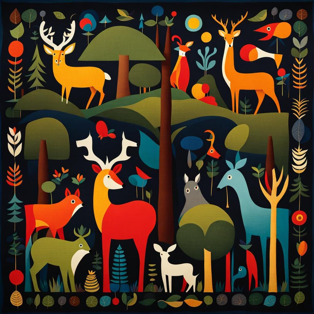 Fanciful Forest Animal Tapestry in Surreal Style
