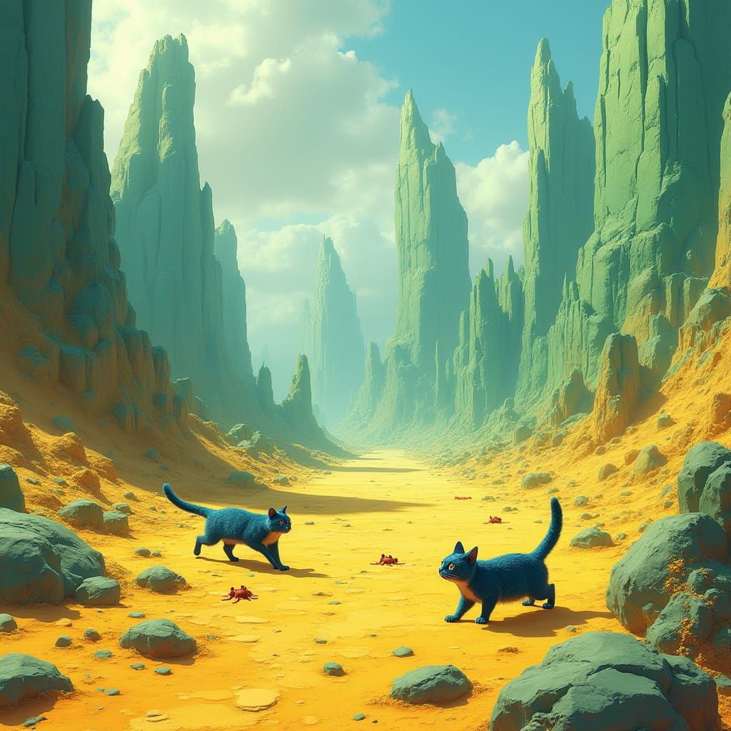 Emerald Rocks and Tabby Cats in Hyperrealistic Landscape