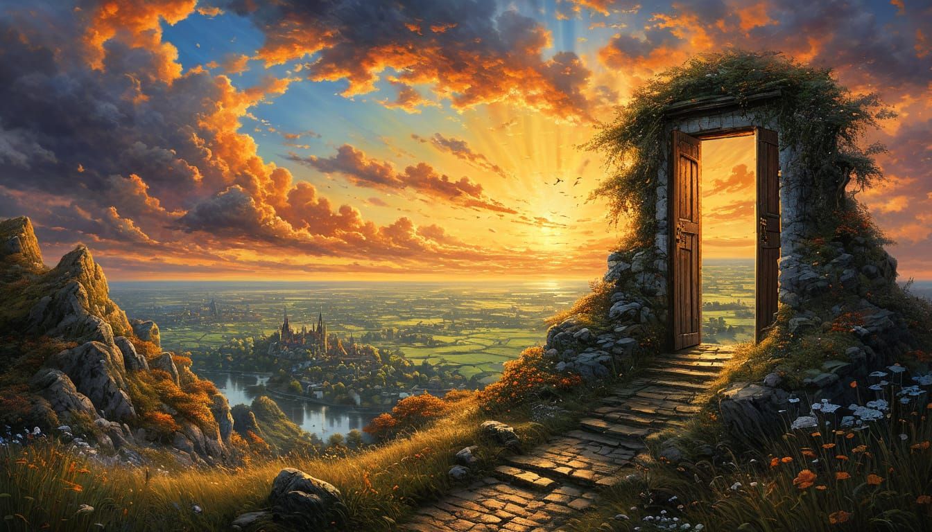 Magical Sky Door Painting in Impressionistic Style