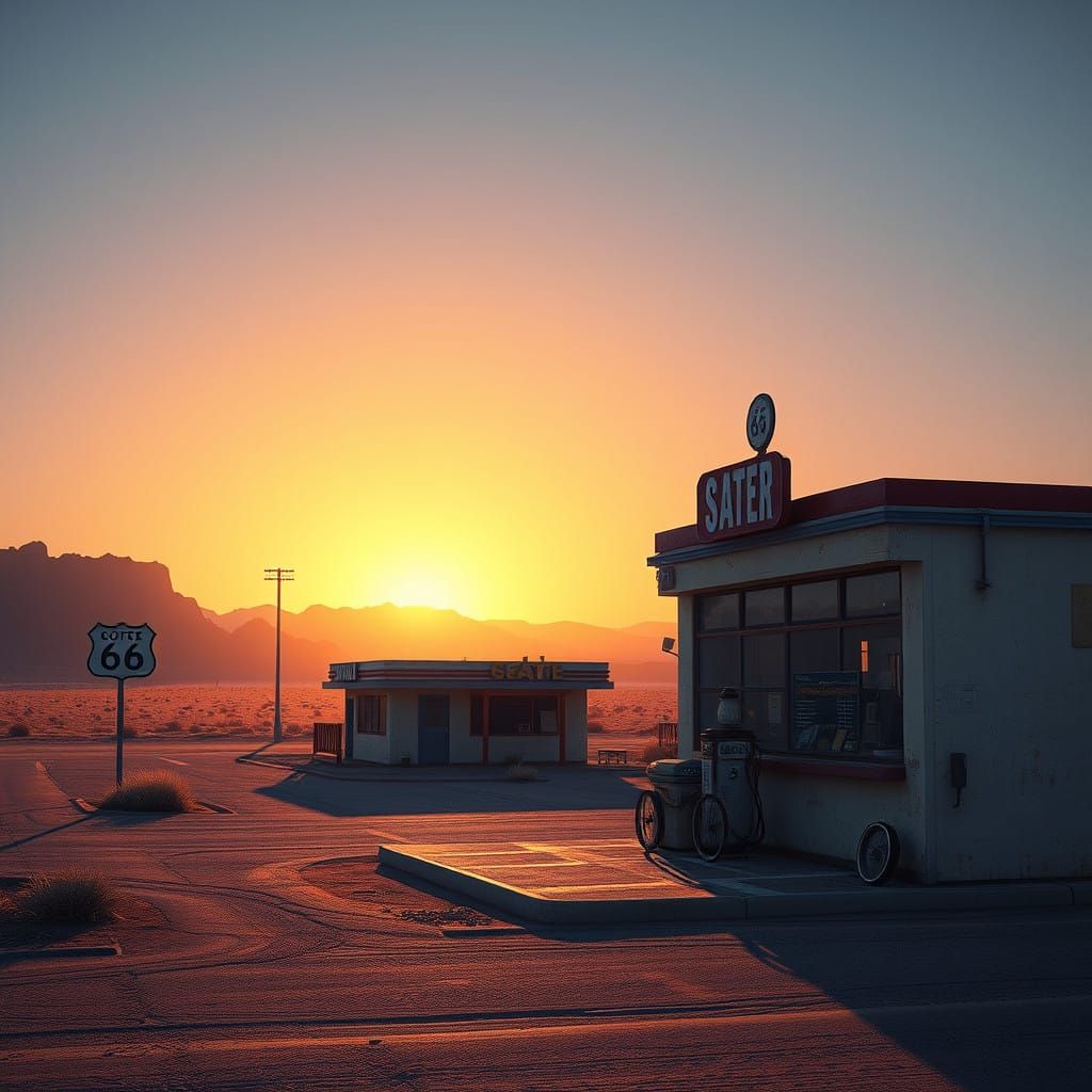 Vintage Gas Station on Route 66 in Golden Desert Light