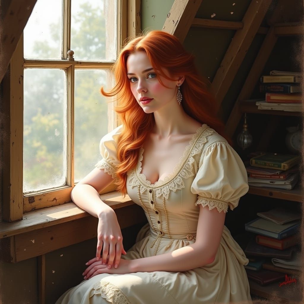 Victorian Woman in Attic by Window, Painterly Style