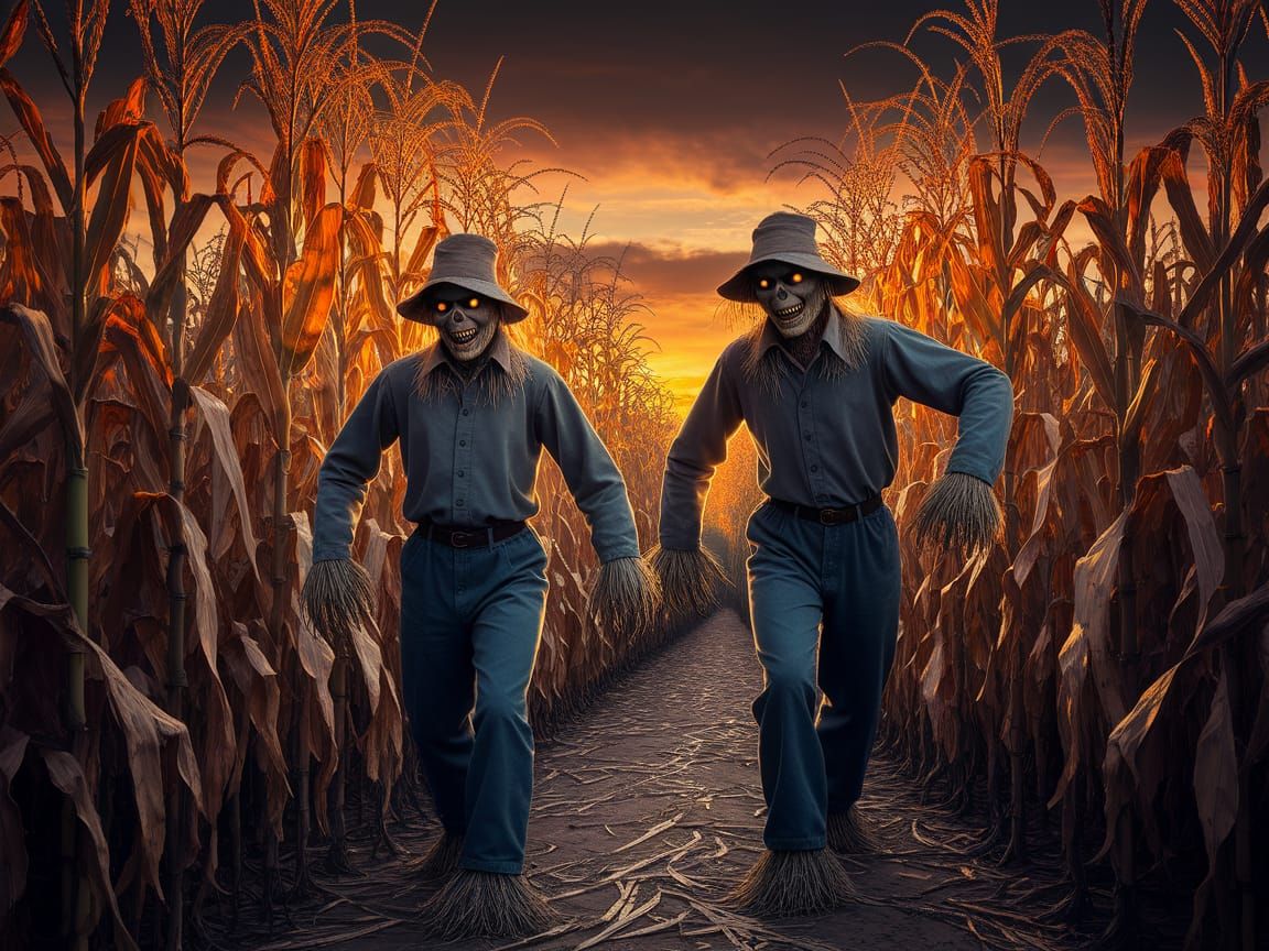 Scarecrows Hunt in Corn Maze at Sunset