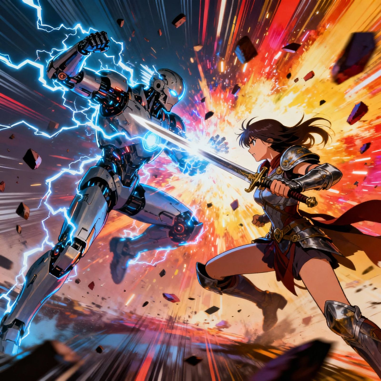 Anime Synth Warrior Battles Paladin in High-Energy Action Sc...