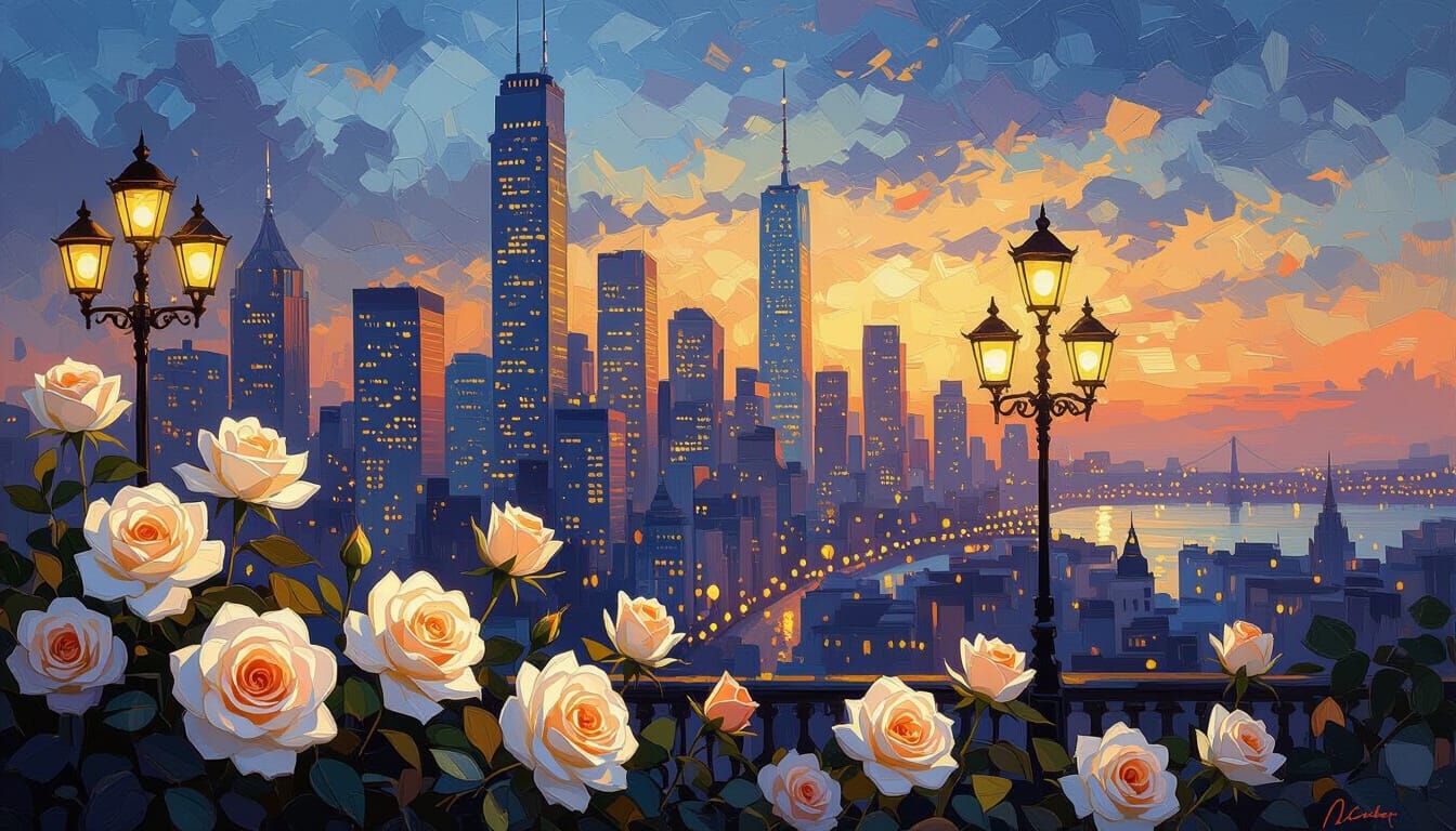 Impressionistic Cityscape with Glowing Skyscrapers