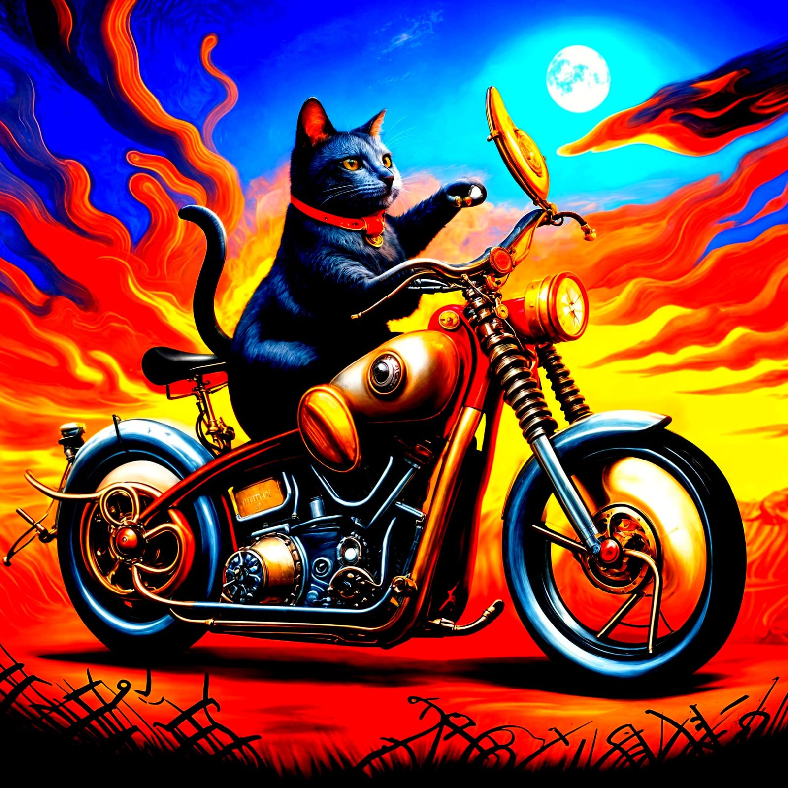 Steampunk Cat on Brass Instrument Motorcycle