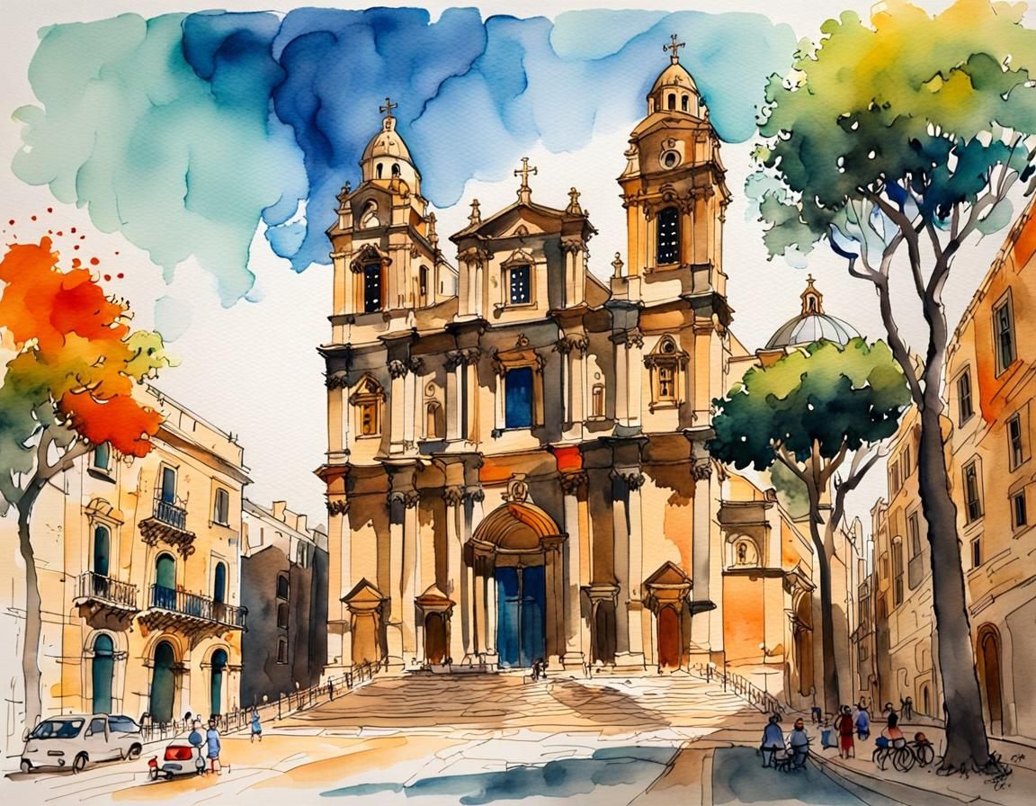 St John's Co-Cathedral, Malta, in Watercolor Style