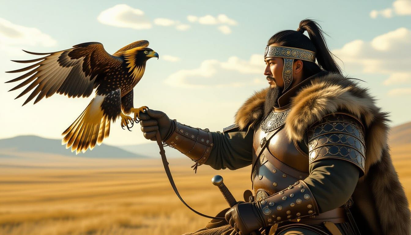 Mongol Rider Falconry on Sun-Drenched Steppe