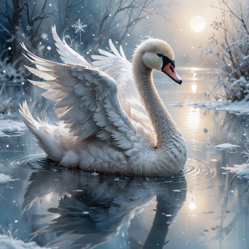 Swan Cygnet Gliding on Winter Pond as Watercolour