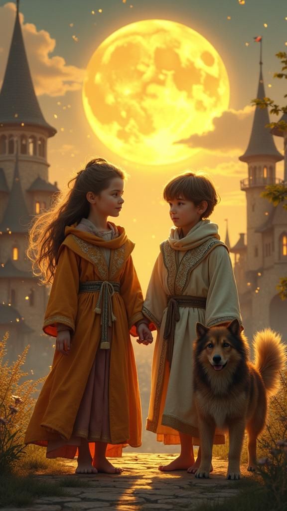 Children and Dog Under Yellow Moon: Fantasy Art