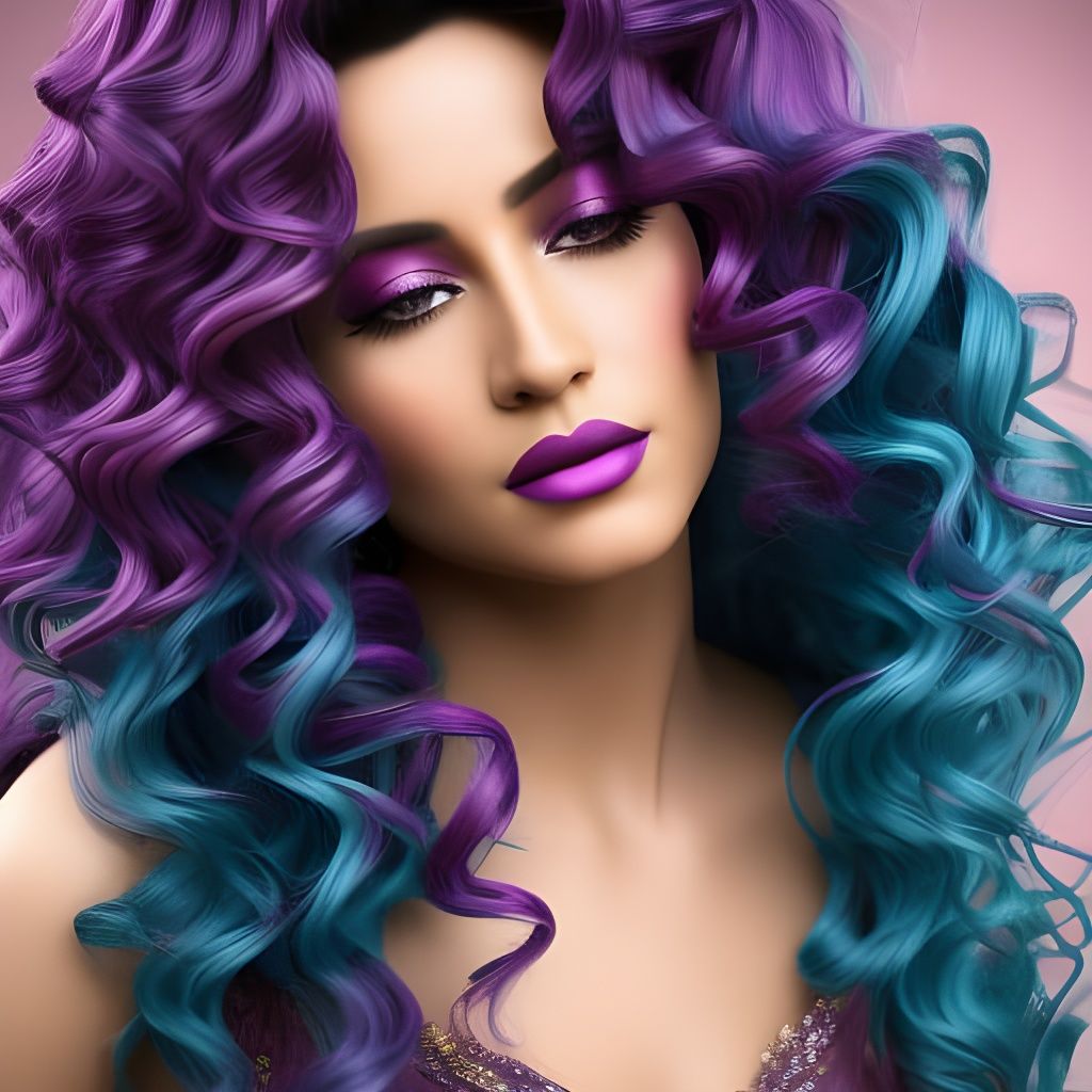 Elegant Hispanic Woman with Purple Hair, Art Nouveau