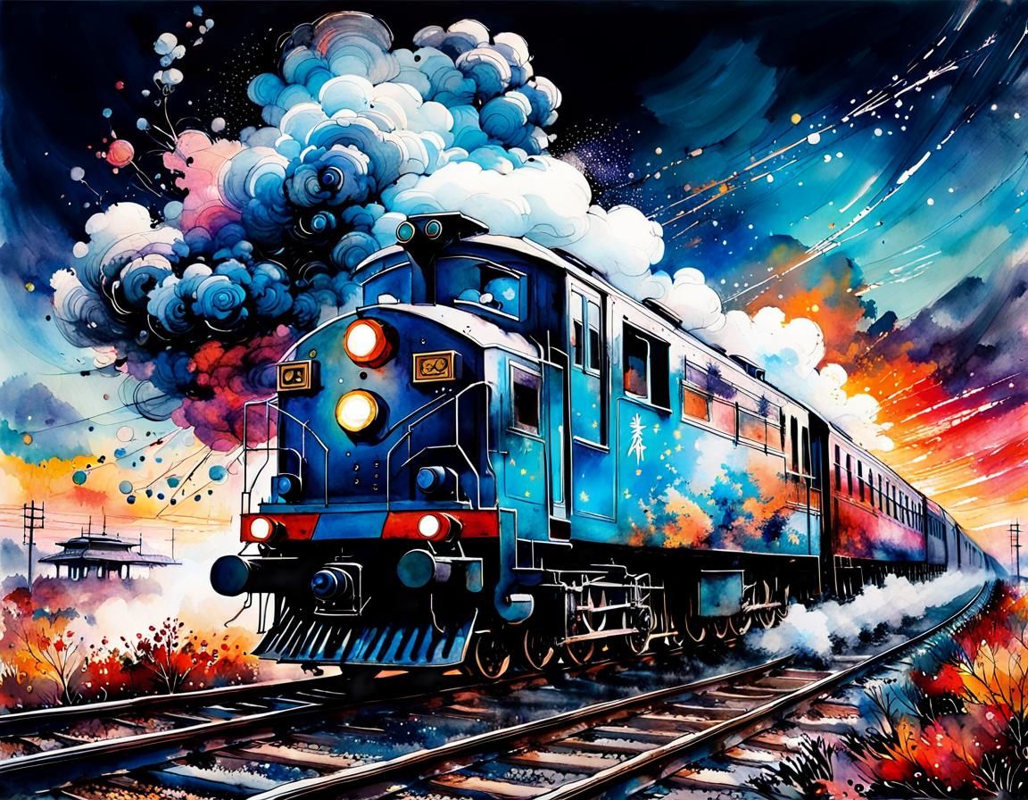 Train in Sky: Chinese Ink Splatter Art