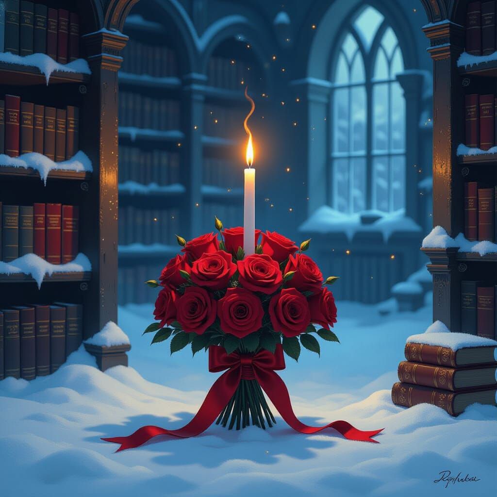 Ornate Candle Flickers in Dim Library with Red Roses