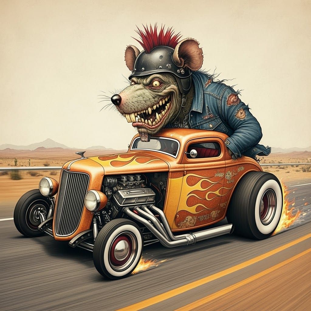 Grotesque Ratfink Hotrod in Lowbrow Art Style