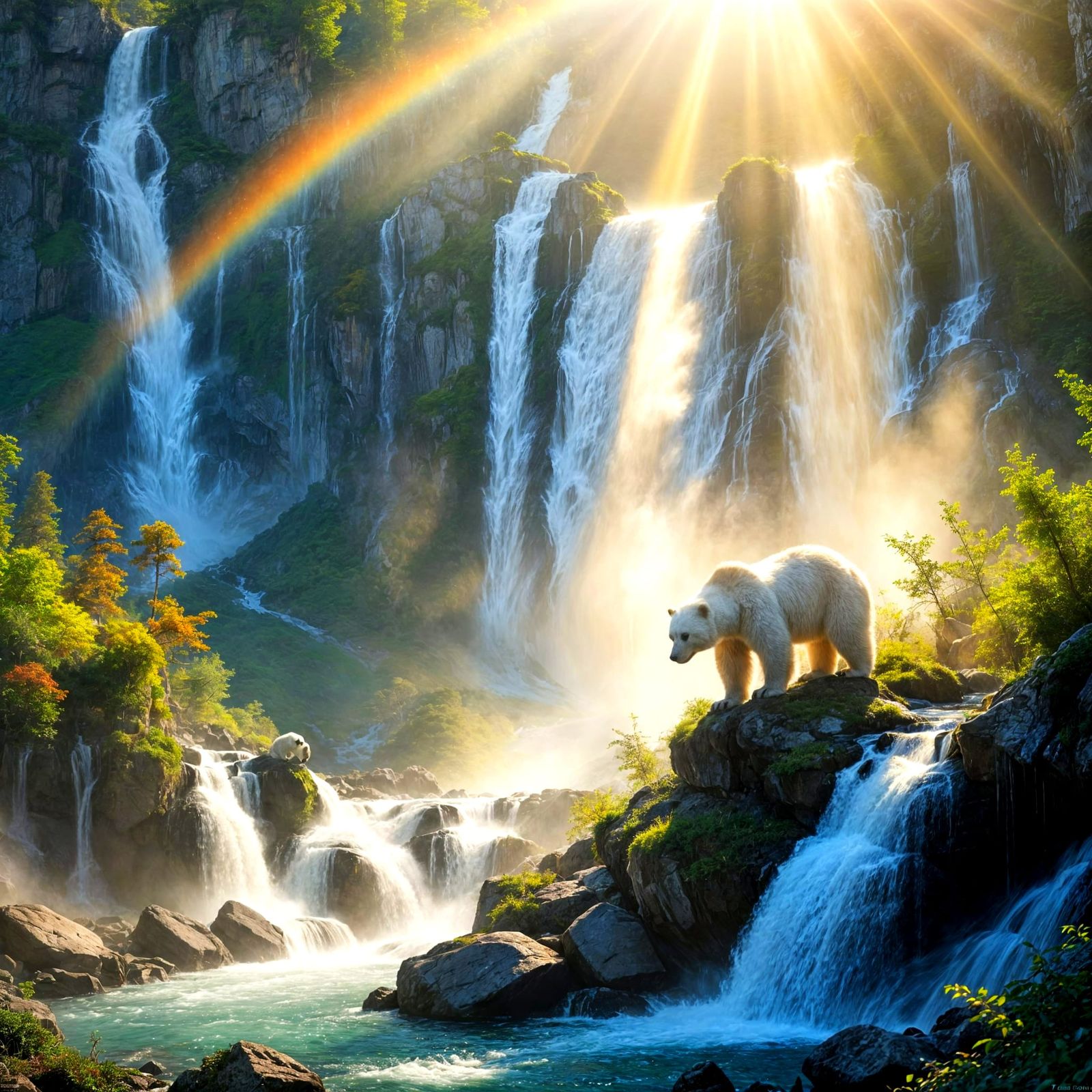 Majestic Waterfalls Radiate Sunshine in a Fantastical Landsc...